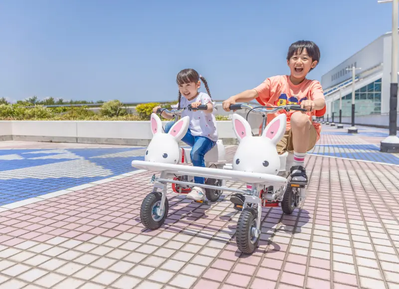 乘坐兔子型踏板车的孩子们